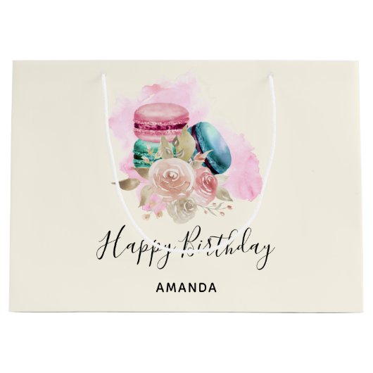 Kleurrijke Macarons en Bloemen Waterverf Verjaarda Groot Cadeauzakje (Voorkant)