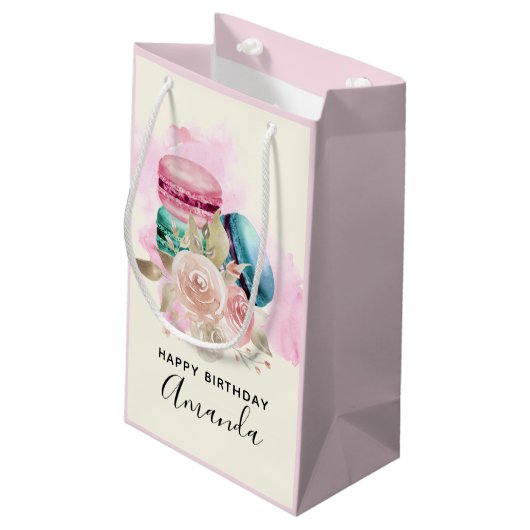 Kleurrijke Macarons en Bloemen Waterverf Verjaarda Klein Cadeauzakje (Achterkant Gekanteld)