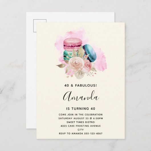 Kleurrijke Macarons en Bloemen Waterverf Verjaarda Uitnodiging Briefkaart (Voorkant / Achterkant)