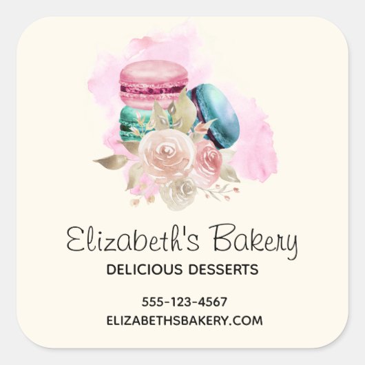 Kleurrijke Macarons en Flowers Waterverf Business Vierkante Sticker (Voorkant)