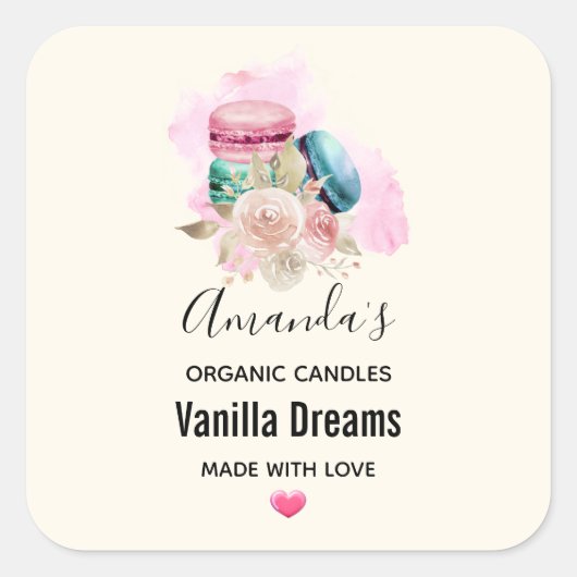 Kleurrijke Macarons en Flowers Waterverf Candle Vierkante Sticker (Voorkant)