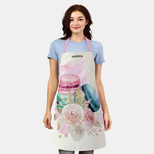 Kleurrijke Macarons en Flowers Waterverf Schort (Gedragen)