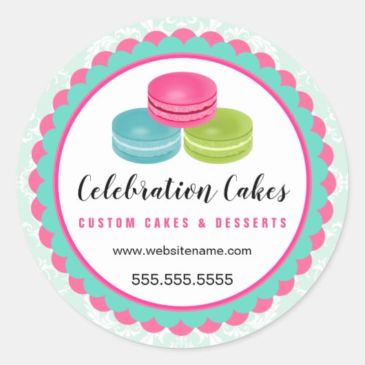 Kleurrijke Macarons Scalloped Banner Bakkerij Ronde Sticker (Voorkant)