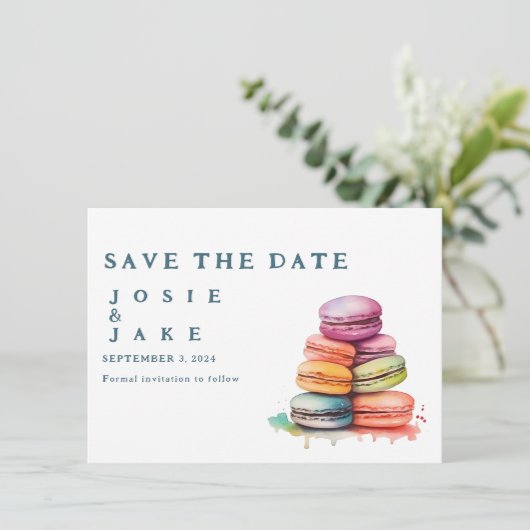 Kleurrijke macarons Sla de datum op Save The Date (Staand voorkant)