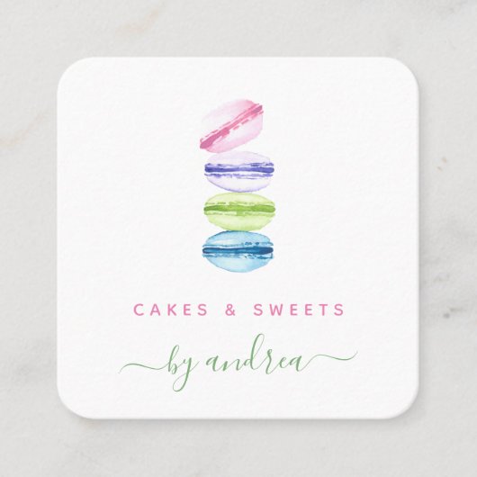 Kleurrijke Macarons Sweets Qr Code Moderne Bakery Vierkante Visitekaartje (Voorkant)