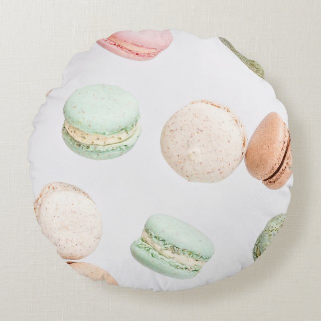Kleurrijke macarons: zoet vallend patroon. rond kussen (Voorkant)