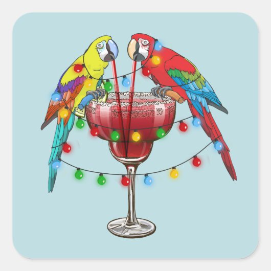 Kleurrijke Macaw Parrots Drink rode wijn Vierkante Sticker (Voorkant)