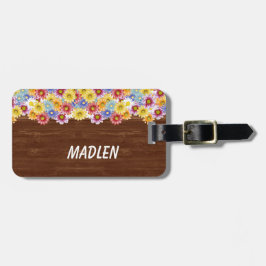 Kleurrijke Madeliefjes op Hout Bagagelabel