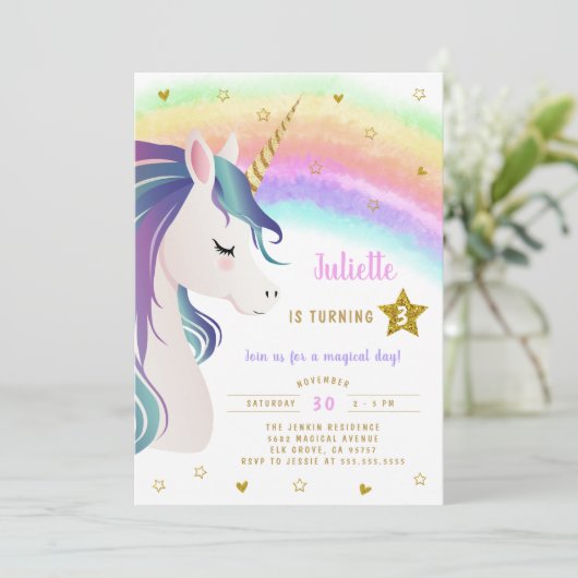 Kleurrijke Magische Glitter Eenhoorn Regenboog Ver Kaart (Staand voorkant)