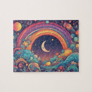 Kleurrijke magische hemel met maan en regenboog legpuzzel