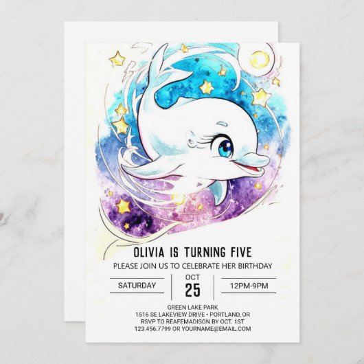 Kleurrijke magische nautische dolfijn verjaardag kaart (Voorkant / Achterkant)
