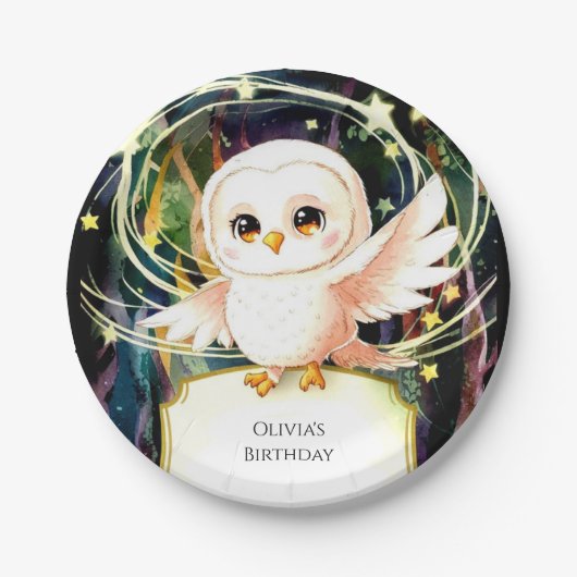 Kleurrijke magische uil verjaardag papieren bordje (Voorkant)