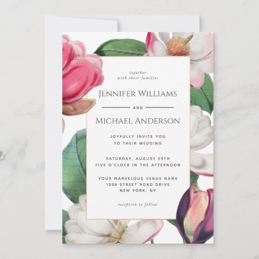 Kleurrijke Magnolia Bloesems Boho Bloemen Huwelijk Kaart (Voorkant)