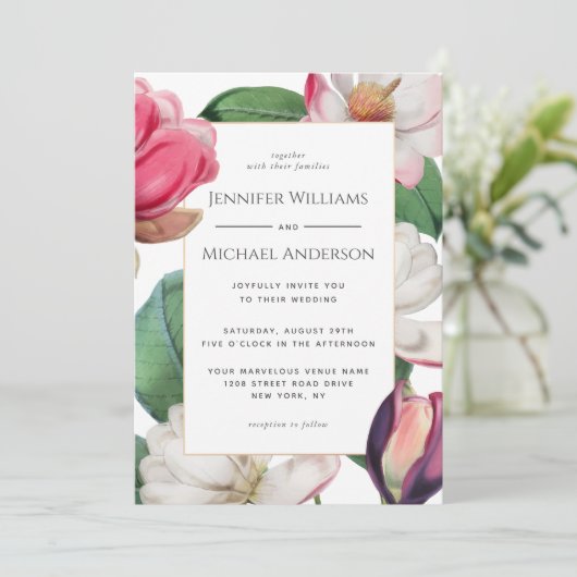 Kleurrijke Magnolia Bloesems Boho Bloemen Huwelijk Kaart (Staand voorkant)
