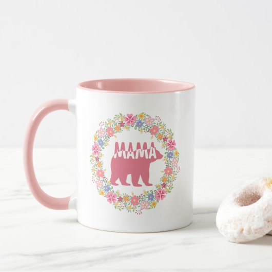 Kleurrijke Mama Beer Silhouet Kunst Mok (Met donut)