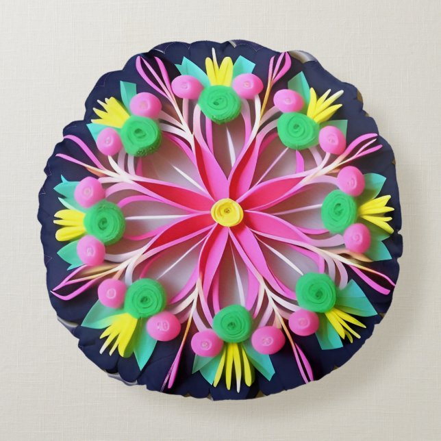 Kleurrijke Mandala Bloem Rond Kussen (Voorkant)