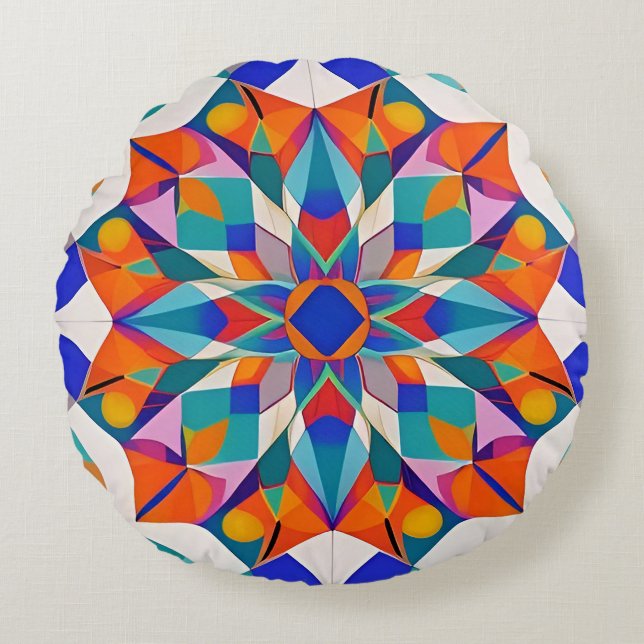 Kleurrijke Mandala Bloem Rond Kussen (Voorkant)