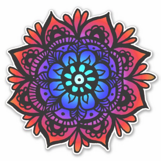 Kleurrijke Mandala Bloem Rood Blauw Zwart Sticker (Voorkant)