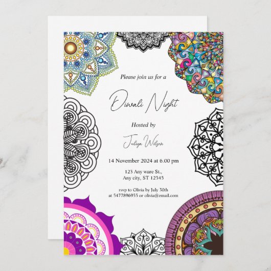 Kleurrijke mandala Diwali-nacht uitnodiging (Voorkant / Achterkant)