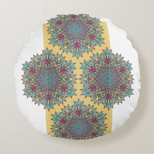 Kleurrijke Mandala Floral Art Pattern. Rond Kussen (Voorkant)