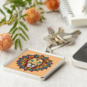 Kleurrijke Mandala Lion: Geometrische kunst ontwer Sleutelhanger (Zijkant)