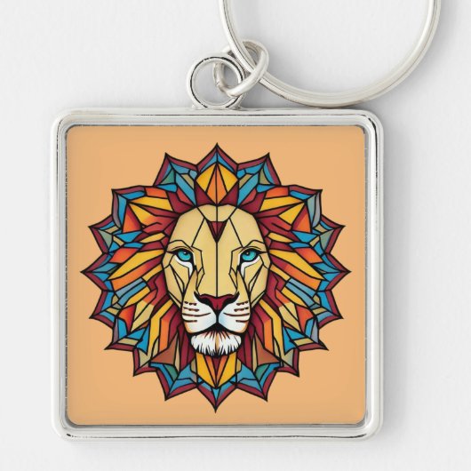 Kleurrijke Mandala Lion: Geometrische kunst ontwer Sleutelhanger (Voorkant)