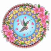 Kleurrijke mandala met een kokende vogel en roze b sticker (Voorkant)