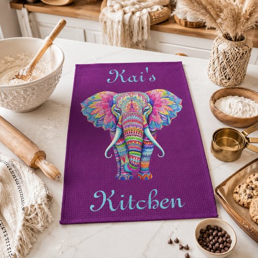 Kleurrijke Mandala Olifant met Aangepaste Naam Theedoek