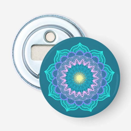 Kleurrijke Mandala op Blauwe Achtergrond Button Flesopener (Voorkant)