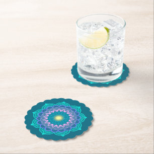 Kleurrijke Mandala op Blauwe Achtergrond Kartonnen Onderzetters