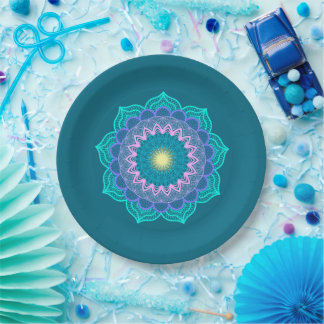 Kleurrijke Mandala op Blauwe Achtergrond Papieren Bordje