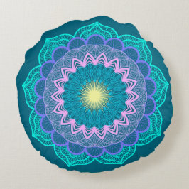 Kleurrijke Mandala op Blauwe Achtergrond Rond Kussen