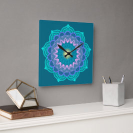 Kleurrijke Mandala op Blauwe Achtergrond Vierkante Klok