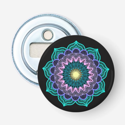 Kleurrijke Mandala op Zwarte Achtergrond Button Flesopener (Voorkant)