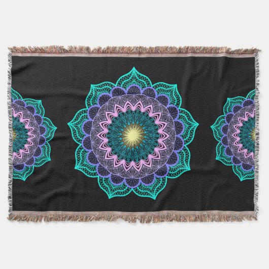 Kleurrijke Mandala op Zwarte Achtergrond Deken (Voorkant)