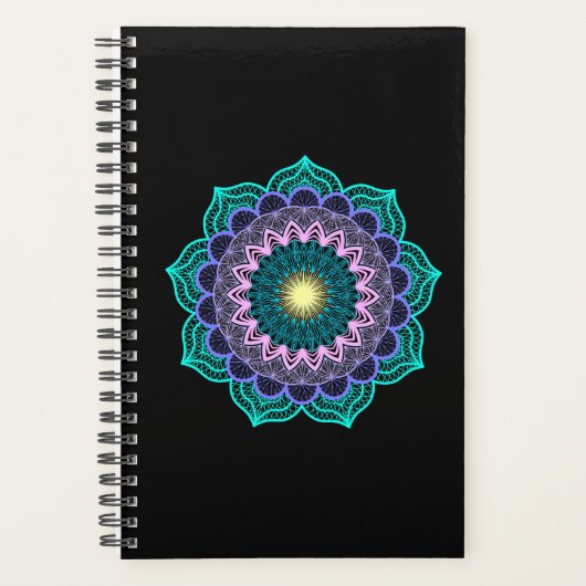 Kleurrijke Mandala op Zwarte Achtergrond Planner (Voorkant)