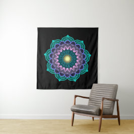 Kleurrijke Mandala op Zwarte Achtergrond Vierkant Wandkleed