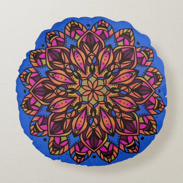 Kleurrijke Mandala Ronde Kussen (Voorkant)
