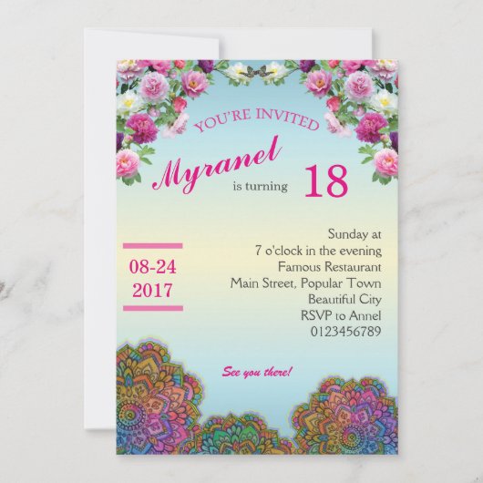 Kleurrijke Mandala Verjaardag Uitnodiging met bloe (Voorkant)
