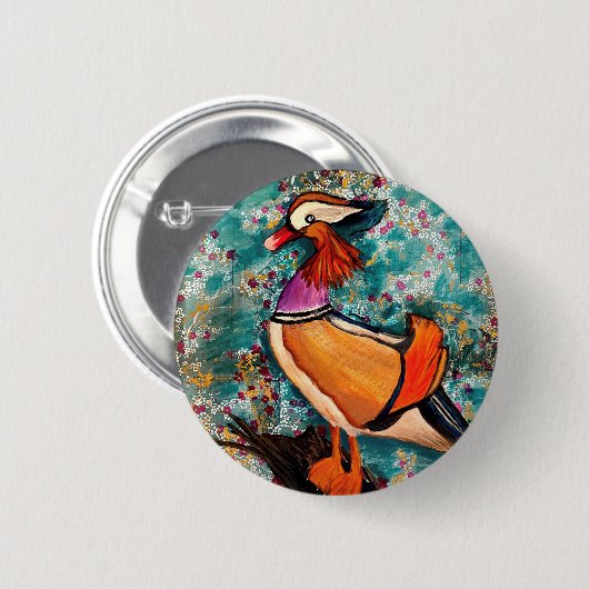 Kleurrijke mandarijneend ronde button 5,7 cm (Voorkant /achterkant)
