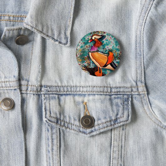 Kleurrijke mandarijneend ronde button 5,7 cm (In situ)