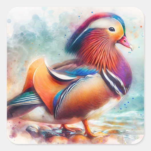 Kleurrijke Mandarin Duck Waterverf Art Vierkante Sticker (Voorkant)