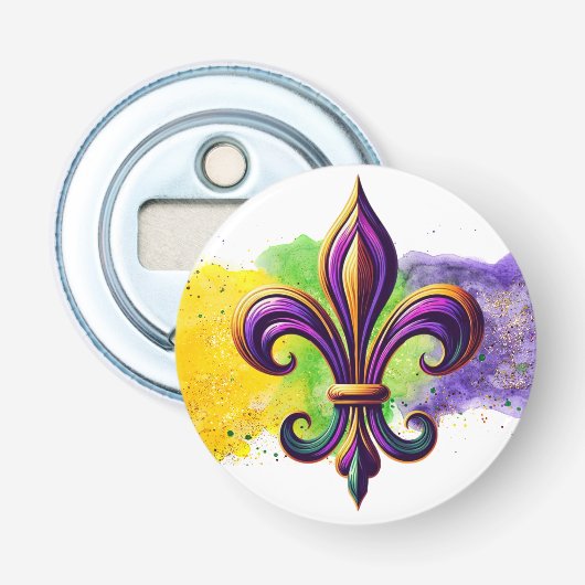 Kleurrijke Mardi Gras Fleur de lis Button Flesopener (Voorkant)
