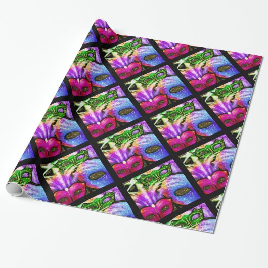 Kleurrijke Mardi Gras Maskers Wrapping Paper Cadeaupapier (Uitgerold)