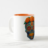Kleurrijke Marigold Dag van de Dode Suikerschedel Tweekleurige Koffiemok (Voorkant links)