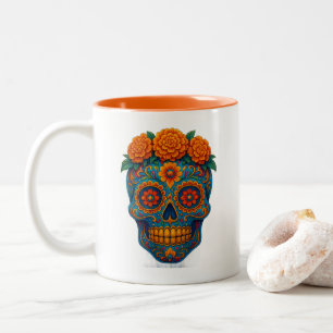 Kleurrijke Marigold Dag van de Doden Suiker Skull Tweekleurige Koffiemok