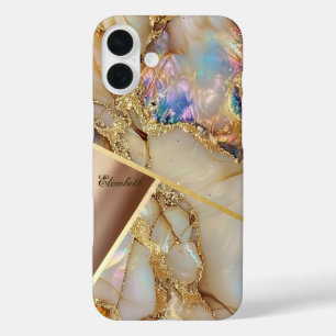 Kleurrijke marmer textuur, gouden glinsterende geo iPhone 16 plus hoesje