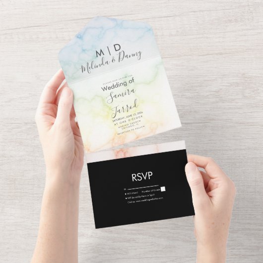 Kleurrijke marmeren regenboog alles in één uitnodi all in one uitnodiging (Afscheurbaar)