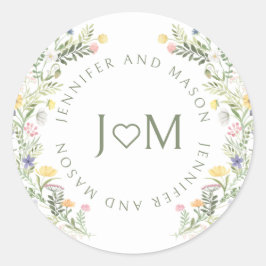 Kleurrijke Meadow Wild Flower Wedding Monogram Ronde Sticker