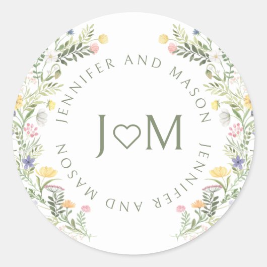 Kleurrijke Meadow Wild Flower Wedding Monogram Ronde Sticker (Voorkant)